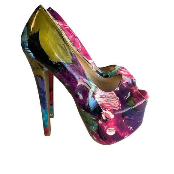 Shoe Republic LA Women's 6.5 Abstract Floral Peep Toe Platform Heels Multicolor - Picture 1 of 8